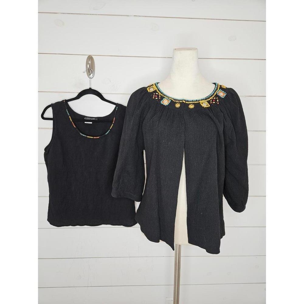 City Girl Large black cotton beaded cardigan & matching sleeveless top